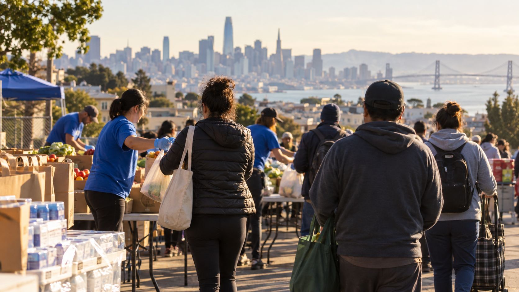 Volunteers hand out bags at a community resource distribution in San Francisco