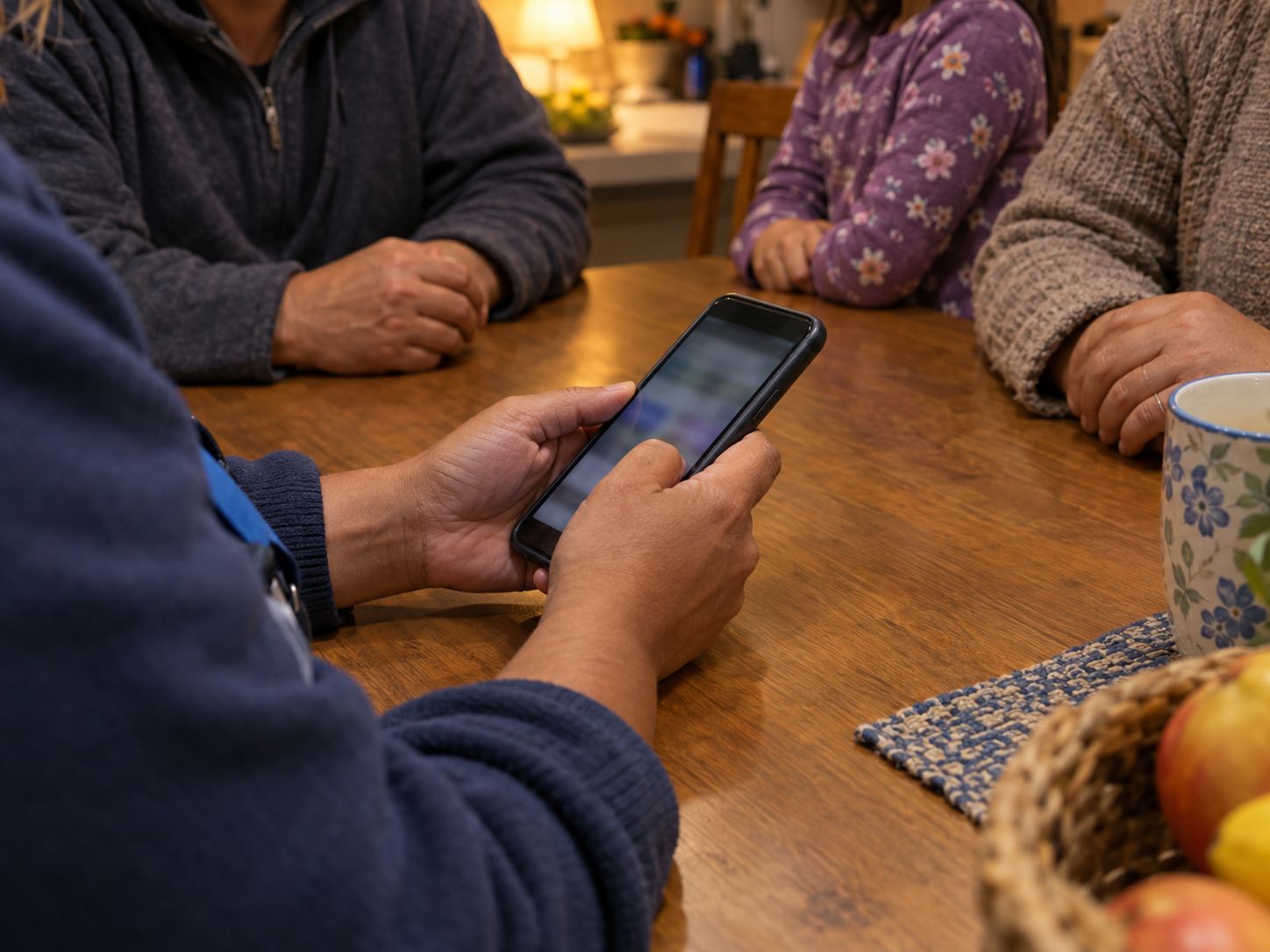 A community health worker's hands holding a phone while sitting with a family at a kitchen table
